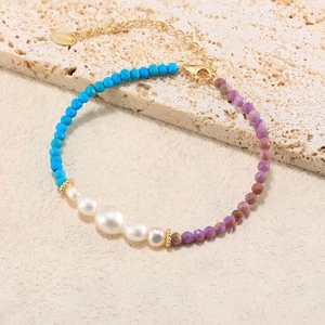 S925 silver bracelet with natural turquoise, purple mica beads, and fresh pearls