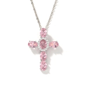 Silver necklace with pink gemstone cross pendant and micro-set cubic zirconia accents