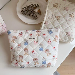 Quilted cotton makeup bag with cute cartoon animal prints and simple wish label