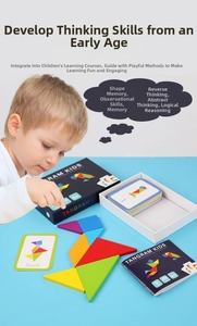 Close-up of colorful wooden tangram puzzle pieces and 60 challenge cards for kids