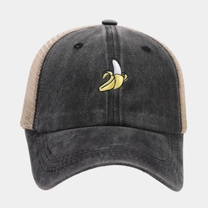 Fashionable mesh baseball cap with banana embroidery and breathable sun protection panels