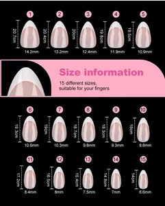 Detailed size chart showing 15 different almond press-on nail dimensions and measurements