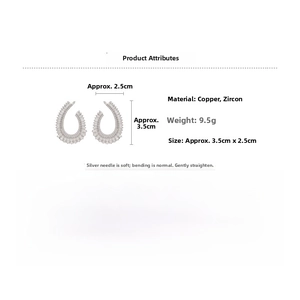 Detailed view of silver teardrop earrings featuring zircon stones and product dimensions