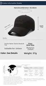 Size guide for men's cotton baseball cap showing brim depth and circumference measurements