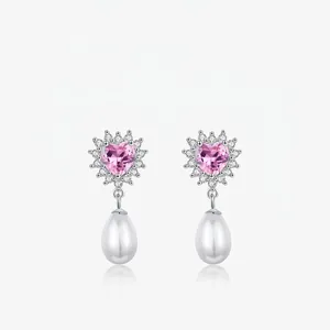 925 Sterling Silver Drop Earrings Pink Heart Zircon Sparkling Rhinestone Elegant Water Drop Artificial Pearl Jewelry For Women