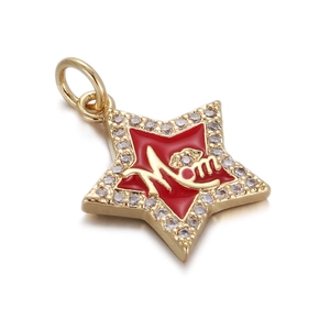 Detailed view of 14K gold star pendant with red enamel, Mom lettering and small diamonds