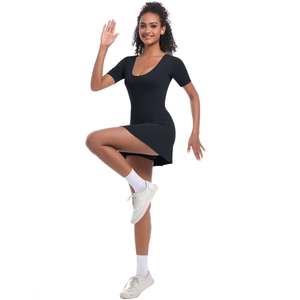 Detail of black athletic tennis dress with U-neckline and high-stretch dry fit fabric