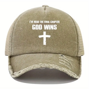 Detailed macro view of distressed khaki trucker hat with God Wins cross printing