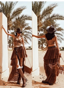 Brown bohemian set with camisole top and asymmetrical lace skirt in desert setting
