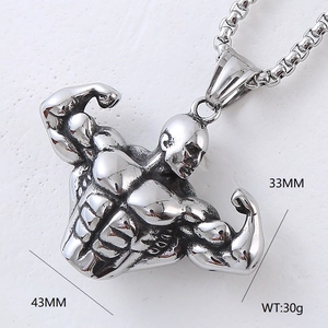 Detail showing the dimensions and weight of the muscular silver stainless steel pendant