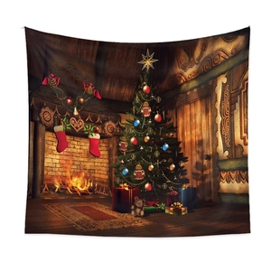 Close-up of bohemian Christmas tree tapestry showing fireplace and gifts texture