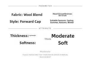 Detailed parameter chart showing wool blend material and 56-61cm size for newsboy cap