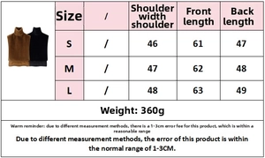 Detailed size chart for faux fur shawl showing shoulder width and length in centimeters