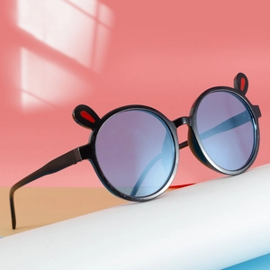 Lunettes de soleil pour enfants à oreilles de lapin, monture ronde noire et verres bleus