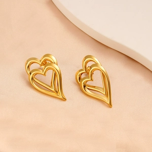 Zweilagige hohle Herz-Ohrstecker aus 18K vergoldetem Edelstahl für Damen