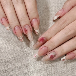 French Tip Press On Nails Rose Flower Pattern Watercolor Gradient Almond Shape Long Fake Nails For Women With Glue