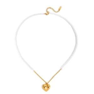 Elegant gold heart pendant necklace with white pearls and adjustable stainless steel chain