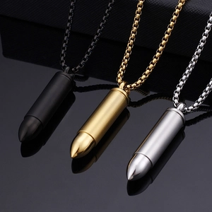 Titanium steel bullet pendant necklaces in black, gold, and silver on box chains