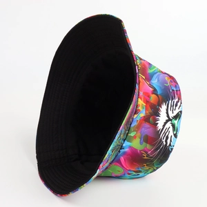 Detail of colorful tiger print bucket hat showing tie-dye pattern and black lining