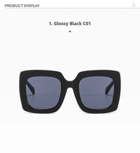 Front view of C01 large frame square sunglasses in glossy black finish with grey lenses