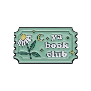 Mint green ticket-shaped enamel pin with daisy and moon for book club enthusiasts
