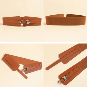 Detailed views of brown elastic wide waist belt with metallic ring buckle and PU leather finish