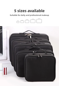 Five assorted sizes of black oxford fabric makeup bags with zippers and top handles