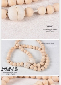 Close-up of wooden bead curtain tieback with magnetic buckle and natural texture