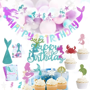 Mermaid Birthday Cake Toppers Banner Hat Invitation Cards Glitter Paper Ocean Theme Party Decoration Kids Girls