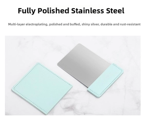 Polished stainless steel portable mirror with protective light blue leather case