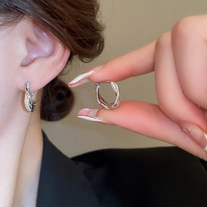 Detailed view of silver twisted double hoop earrings with sparkling zircon inlay details