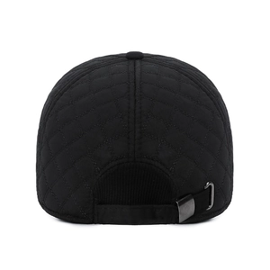 Rear view of black quilted winter baseball cap with adjustable strap and ear protection