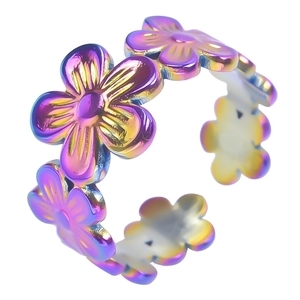 Adjustable rainbow floral ring with continuous flower patterns in colorful gradient steel