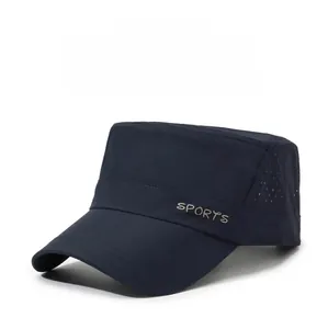Detail of navy blue flat top sun hat featuring side breathable mesh and sports embroidery