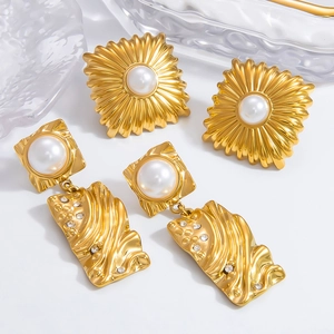Stainless Steel Artificial Pearl Rhinestone Stud Earrings 18K Gold Plated Retro Geometric Waterproof Hypoallergenic For Women