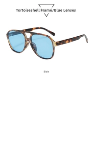 Side view of retro aviator sunglasses with tortoise frame and blue tinted lenses
