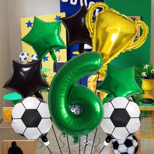 Soccer themed 6th birthday balloon set with champion trophy and star foil balloons