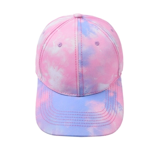 Pink and light blue tie-dye baseball cap with a pre-curved brim and six-panel design