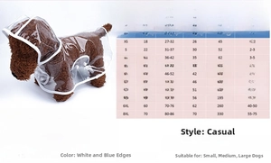 Detailed size chart for transparent dog raincoat with back and chest measurements