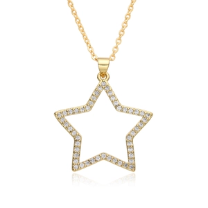 Detailed view of a gold pentagram pendant necklace with micro-pave cubic zirconia crystals