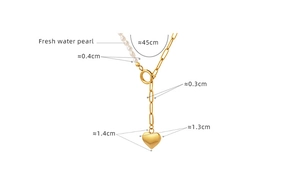 Detail view of gold Y-shaped necklace with freshwater pearl and heart pendant dimensions