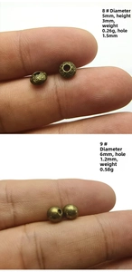 Macro detail of antique bronze alloy spacer beads with dimensions and size comparison