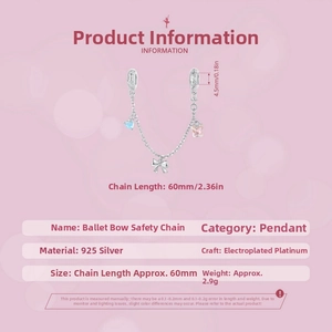 Detail of 925 sterling silver ballet bow safety chain for bracelets with 60mm length