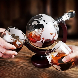 Globe whiskey decanter set with wooden base and world map etched glasses for gifts