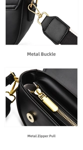 Detail of premium black leather bag showing golden metal buckles and zipper puller