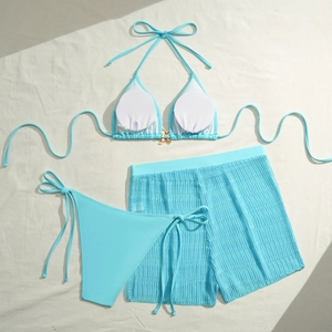 Sky blue 3-piece halter bikini set with starfish detail and mesh sarong skirt