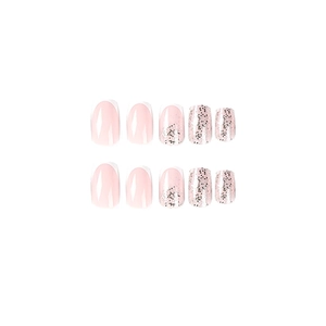 Pink French manicure press-on nails with white tips and silver glitter accents