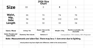 Detailed size chart and fabric composition for textured plaid blazer and skort set