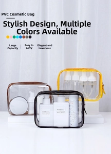 Detail view of transparent PVC toiletry bags with colorful edges and metal zippers