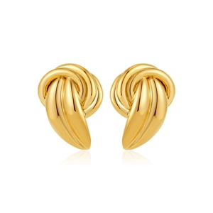 Elegant 18K gold knot stud earrings with textured stripe finish on white background